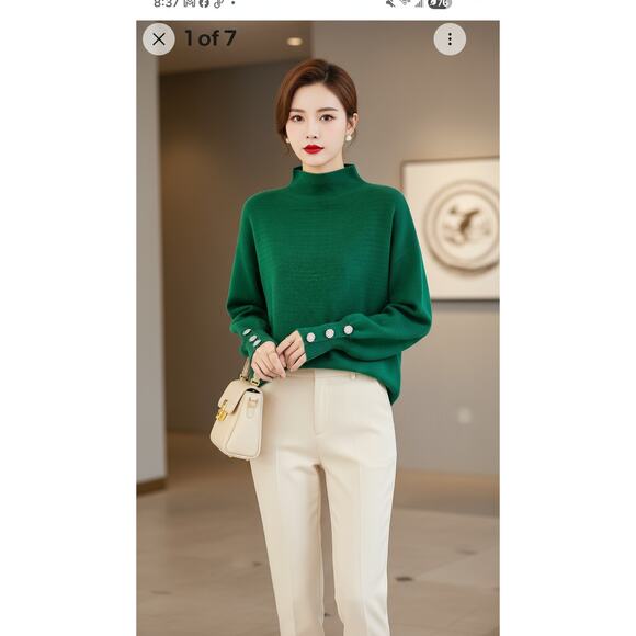 Tahari Green Mock Neck Sweater M | Rhinestone Button Cuffs | Luxe Knit - Picture 2 of 11